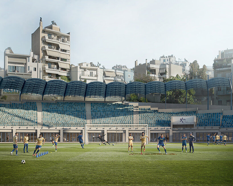 K-Studio переосмысливает стадион El Paso для Athens Kallithea FC в окружении скал и общественного ландшафта