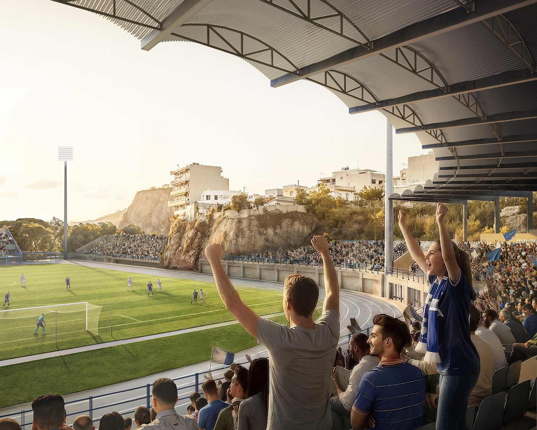 K-Studio переосмысливает стадион El Paso для Athens Kallithea FC в окружении скал и общественного ландшафта