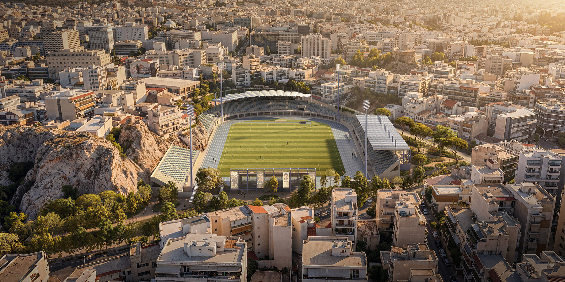 K-Studio переосмысливает стадион El Paso для Athens Kallithea FC в окружении скал и общественного ландшафта