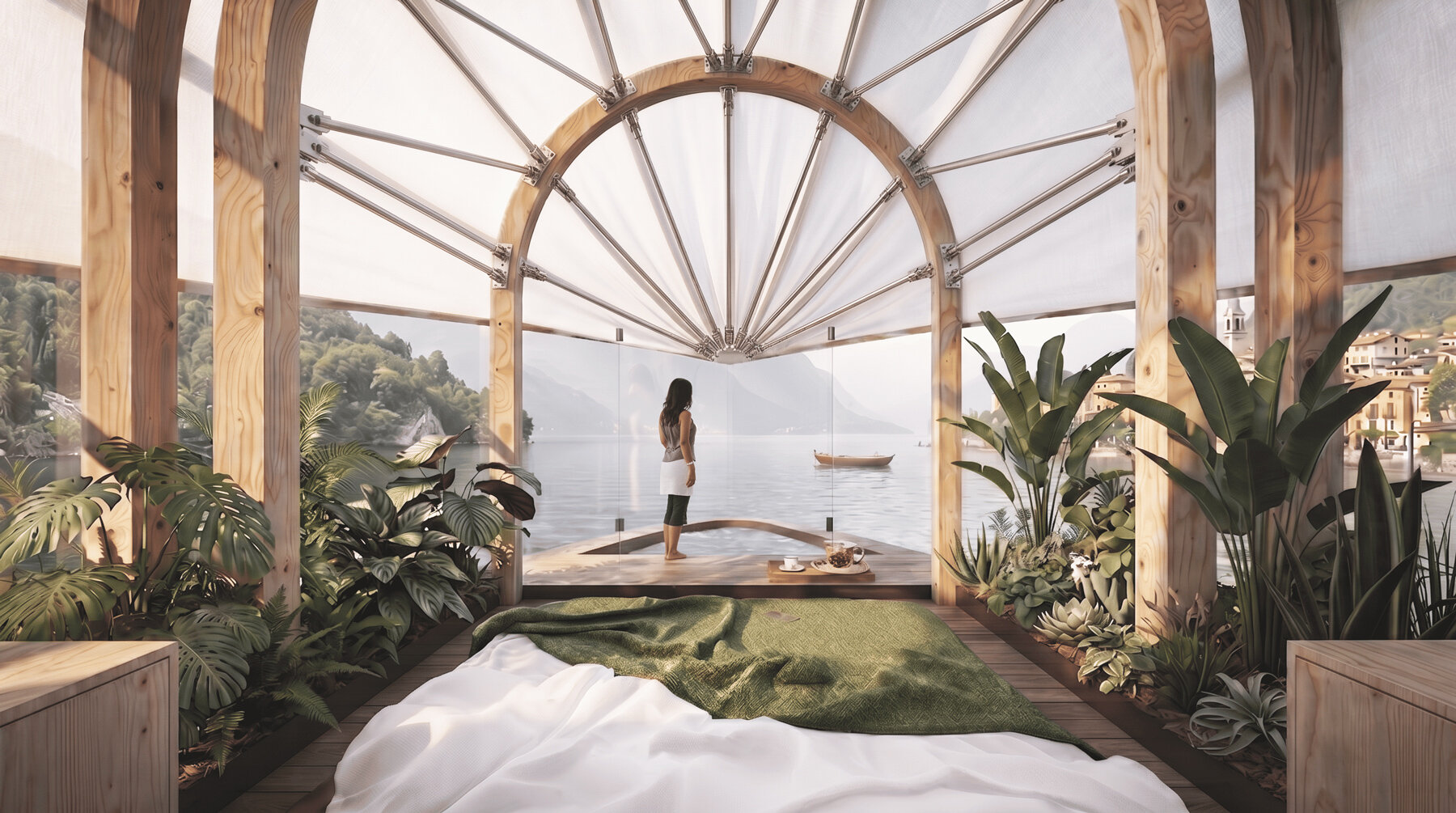 Sculptural foldable roof shields white floating micro-home drifting across Lake Como