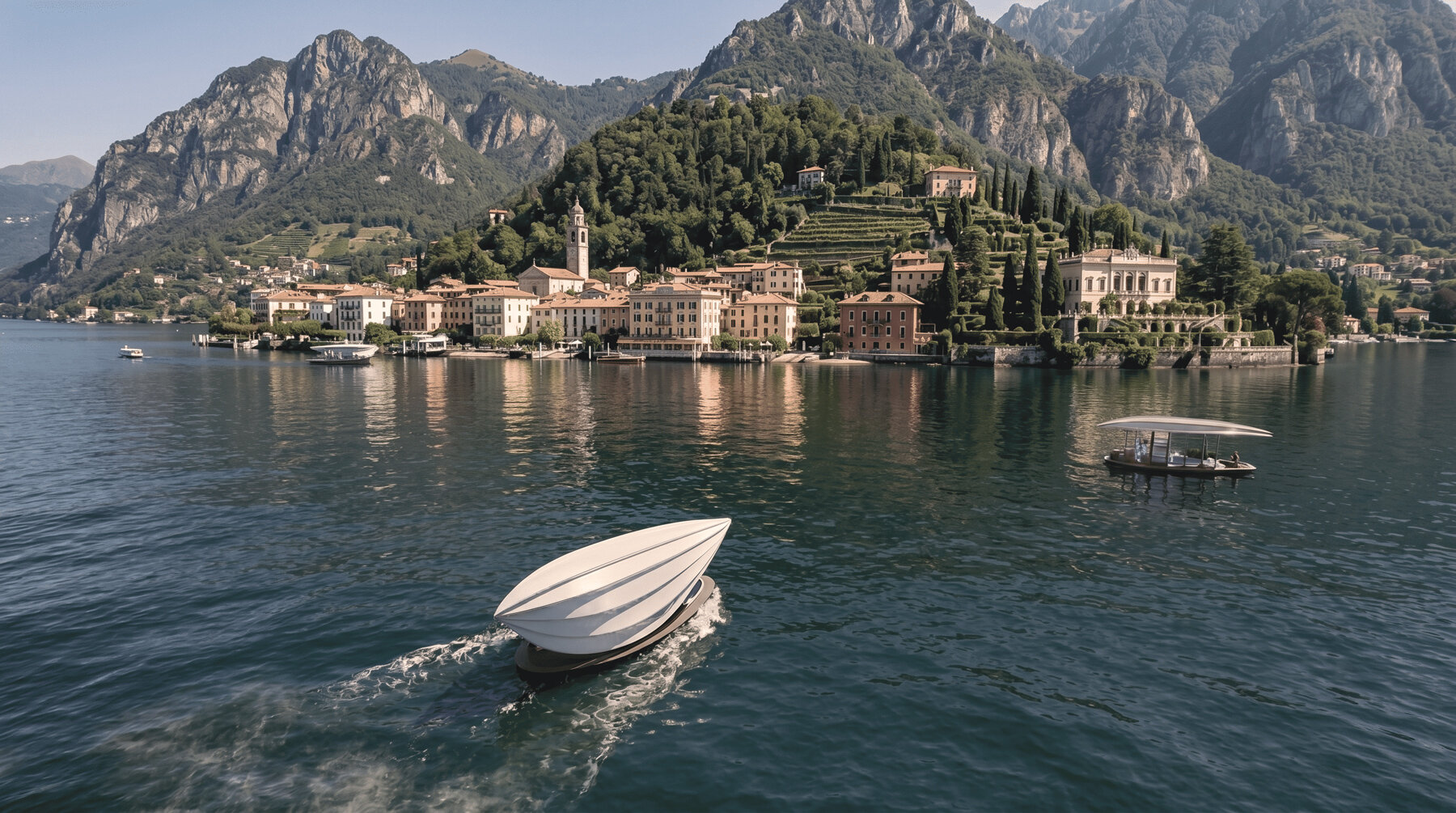 Sculptural foldable roof shields white floating micro-home drifting across Lake Como