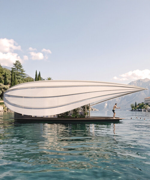 Sculptural foldable roof shields white floating micro-home drifting across Lake Como