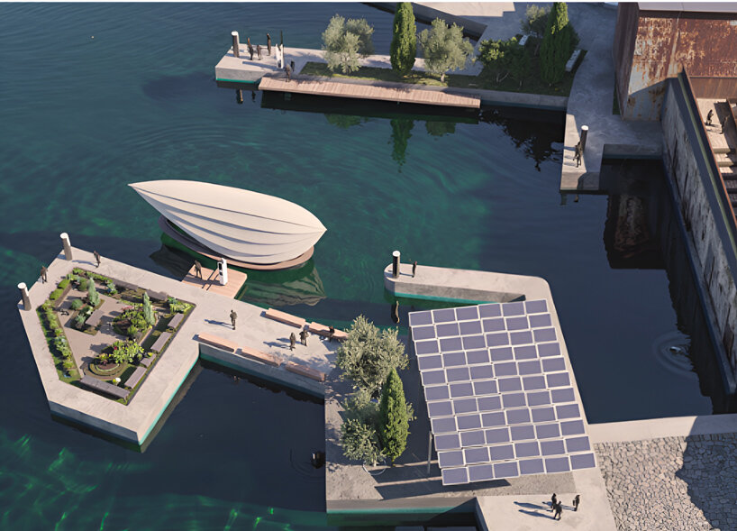 Sculptural foldable roof shields white floating micro-home drifting across Lake Como