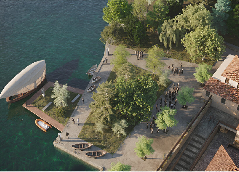 Sculptural foldable roof shields white floating micro-home drifting across Lake Como