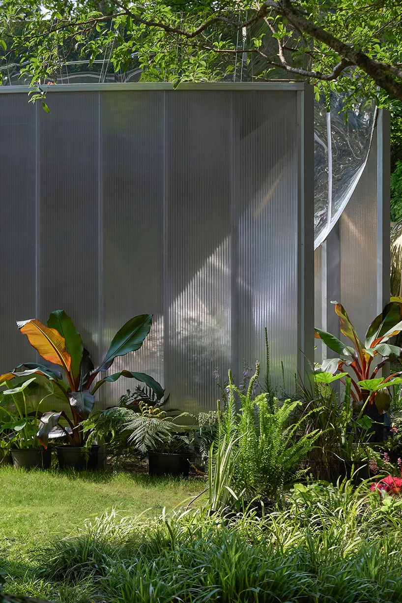 Curved mirrored steel walls multiply one tree into a forest in Infinite Grove pavilion in Shanghai