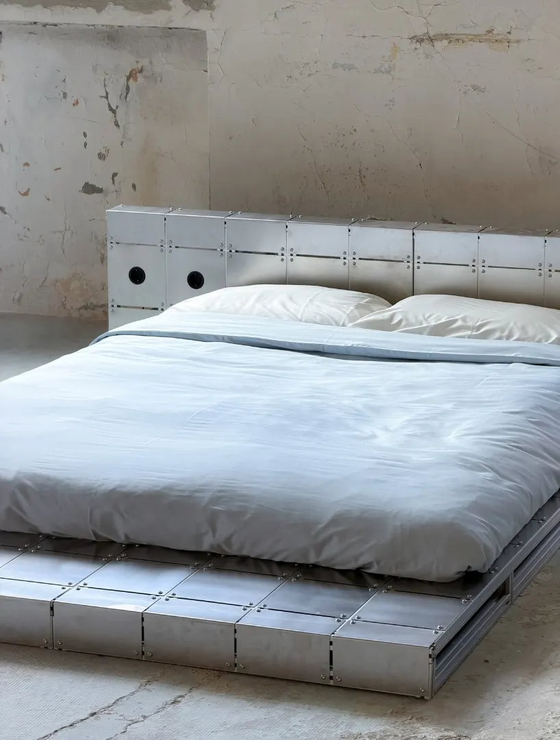 ALUMINUM AND BOLTED STEEL TURN PLATFORM BED INTO AN ARCHITECTURAL PIECE AT PARIS DESIGN WEEK