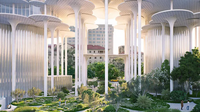 BIG предложила поднять Fountain Plaza Tirana над парком и сохранить свободный общественный проход