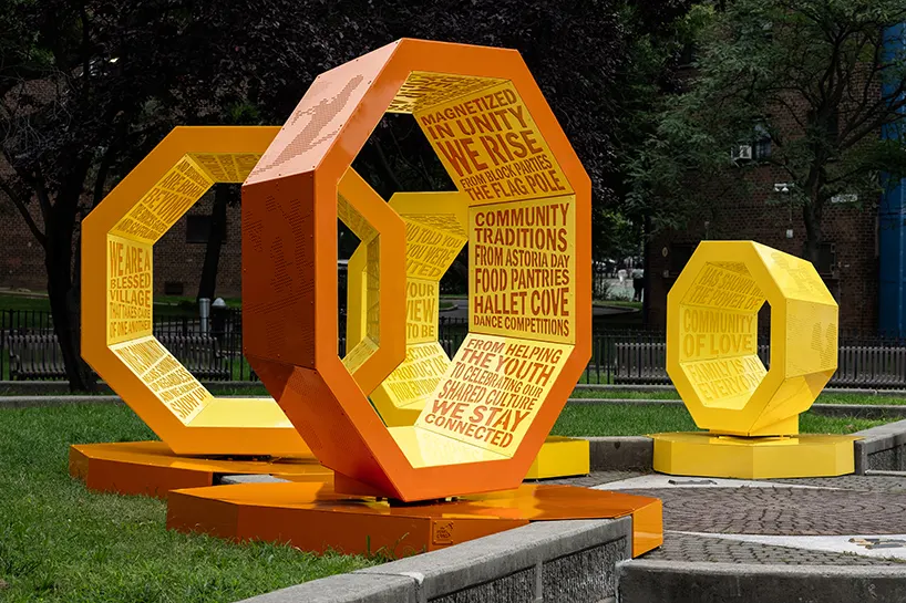 Rotating octagonal forms and community voices shape a Queens public landmark