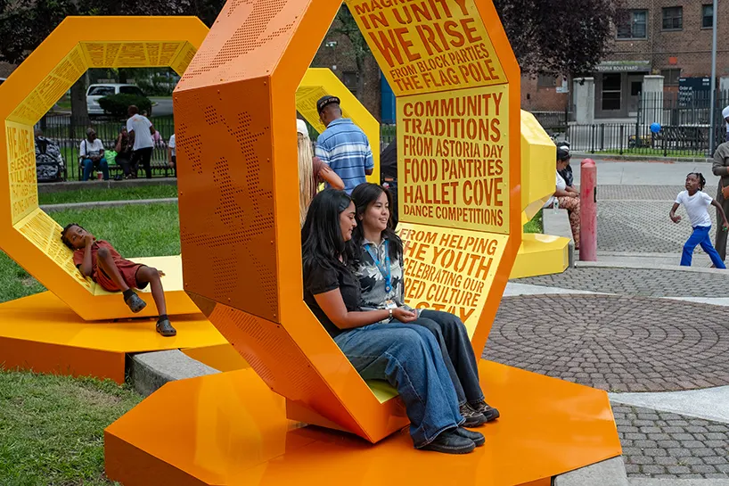 Rotating octagonal forms and community voices shape a Queens public landmark
